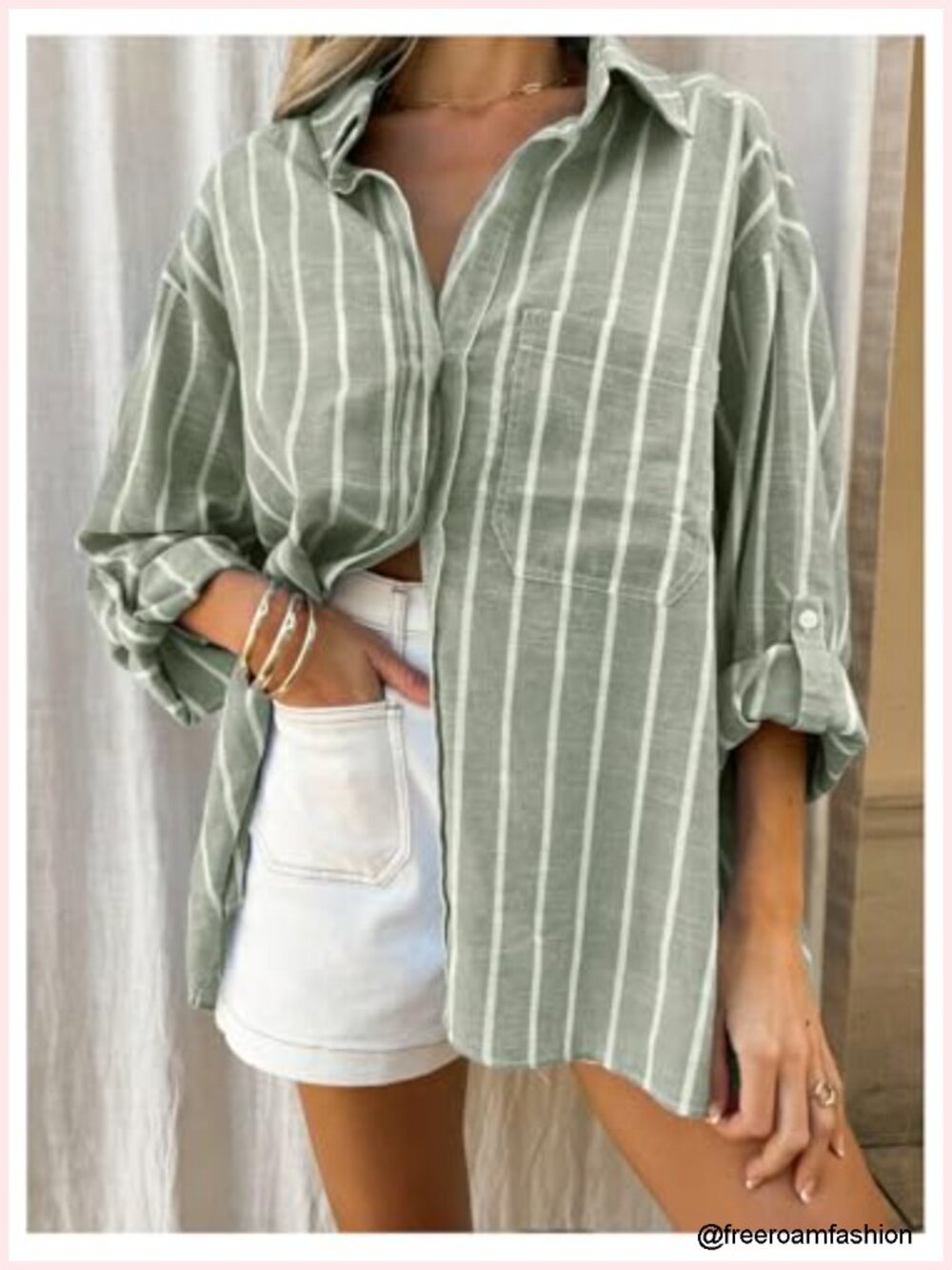 Oversized Striped Button Down Blouse Long Sleeve Tee Vacation Top - Picture 3 of 3